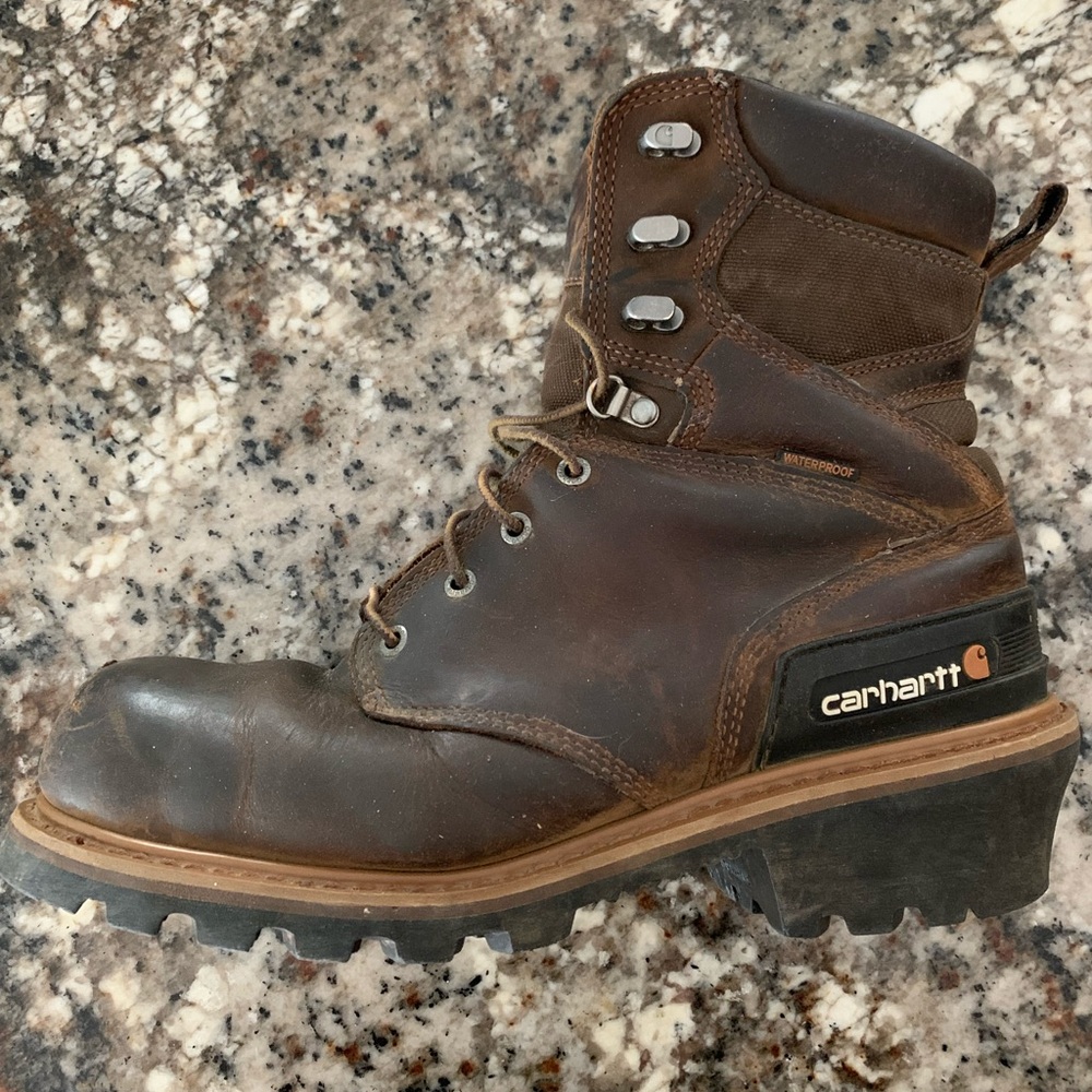 carhartt mens size 12 shoes brown leather comp toe waterproof logging boots